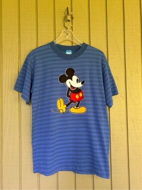 Vintage Disney Character Fashions Mickey Mouse Flocked Striped Tee USA M